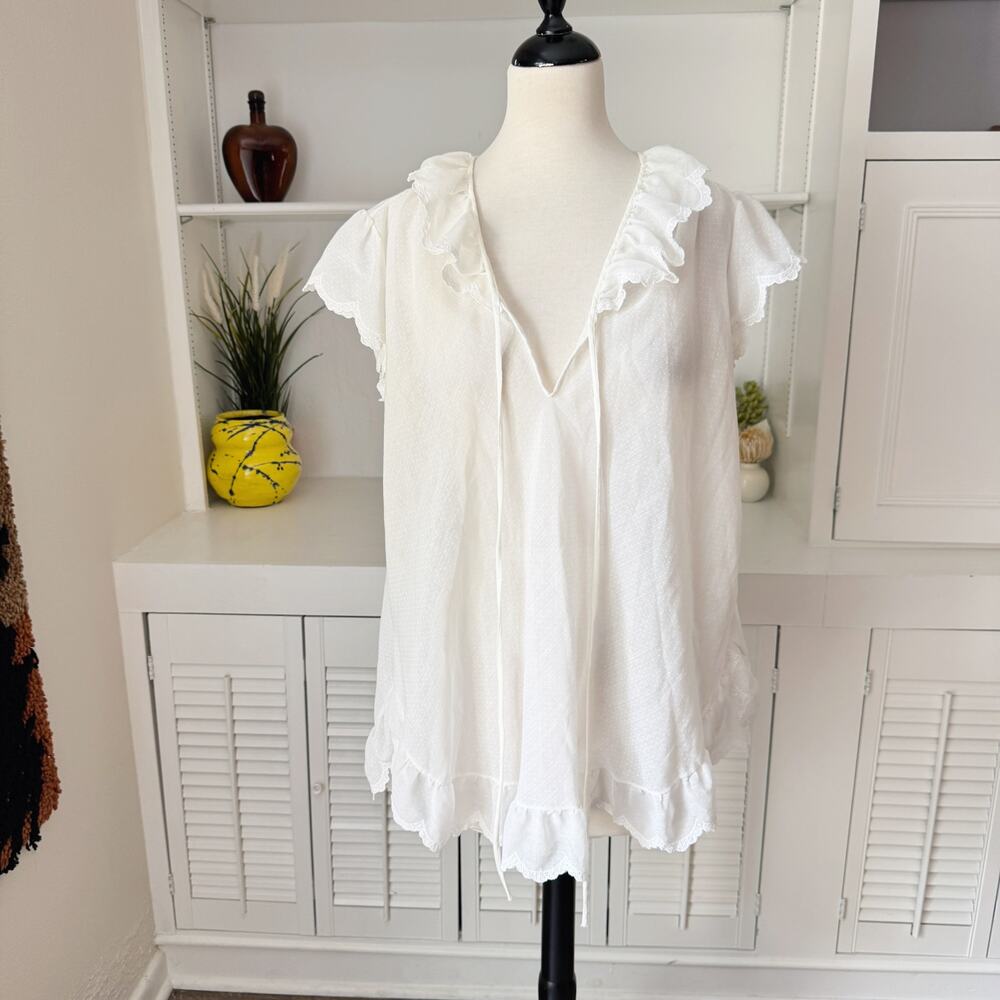 Vintage Miss Elaine White Semi-Sheer Dotted Scallop Hem Peignoir Nightie S/M